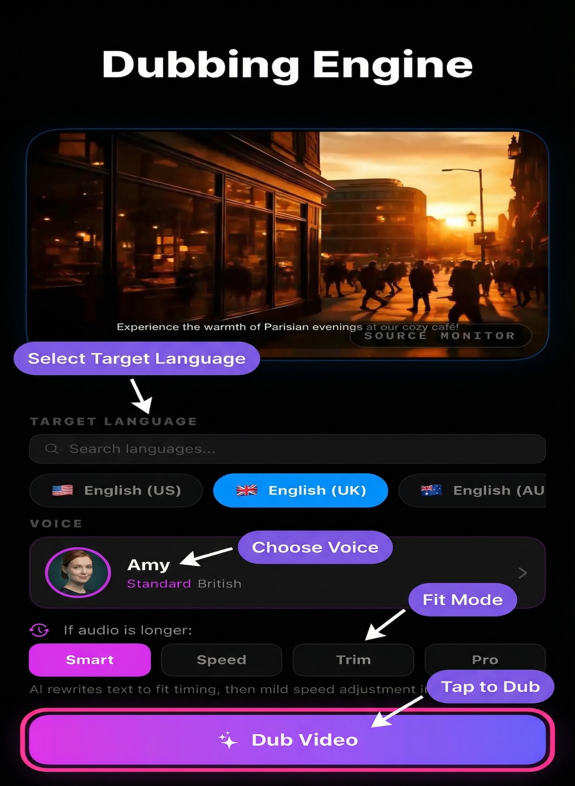 Dubbing Engine mode — translate and dub video into any language on iPhone
